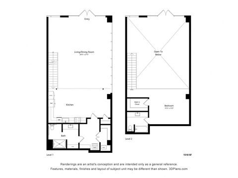 Floor plan for 1 bed, 1 bath, 1510 sqft